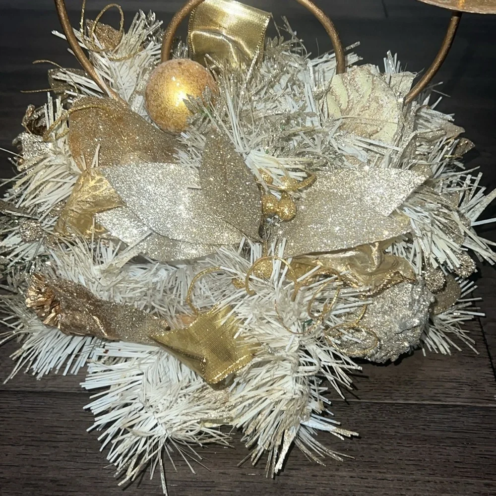 Gold Holiday three tier candle holder with glitter and ribbon